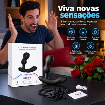 Lovense Edge 2 Massageador de Próstata Ajustável Vibratório Controle Remoto de Longa Distância via Aplicativo Bluetooth Duplo Estímulo Vibração Potente Plug Anal Masculino Interativo Recarregável