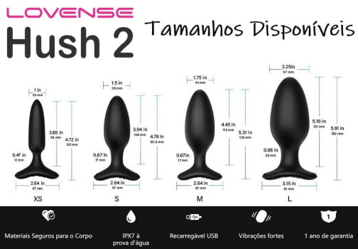 Lovense Hush 2 Plug Anal Com Vibração Tamanhos 2,54 cm, 3,80 cm, 4,45 cm e 5,70 cm