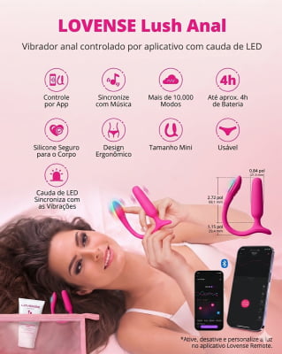 Lovense Lush Anal Plug Pequeno Controlado Por APP Vibratório com Luz LED Para Iniciantes 8cm x 2cm