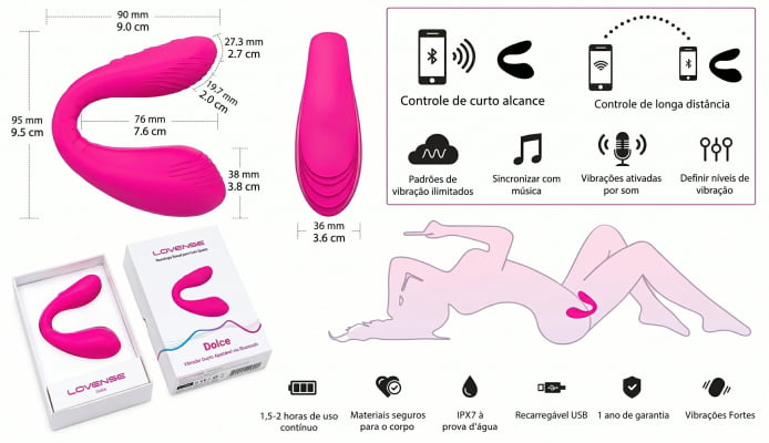 Lovense Dolce, Vibrador Duplo, Estimulador de Ponto G e Clitóris, Controle Remoto Por App Bluetooth, Carregamento Magnético, Silicone Macio, Para Camgirls, Compatível iOS, Android, Antigo Quake