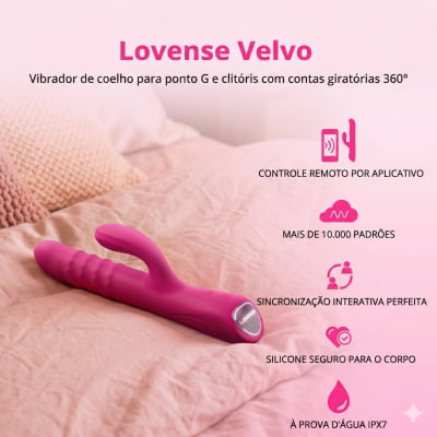 Lovense Velvo Vibrador Rabbit Clitóris e Ponto G Contas Rotativas NeoSpin 360°, App, Bluetooth, Longa Distância, Impermeável IPX7, Material Seguro, Fácil Uso, Duplo Motor, Alta Qualidade, Vibração